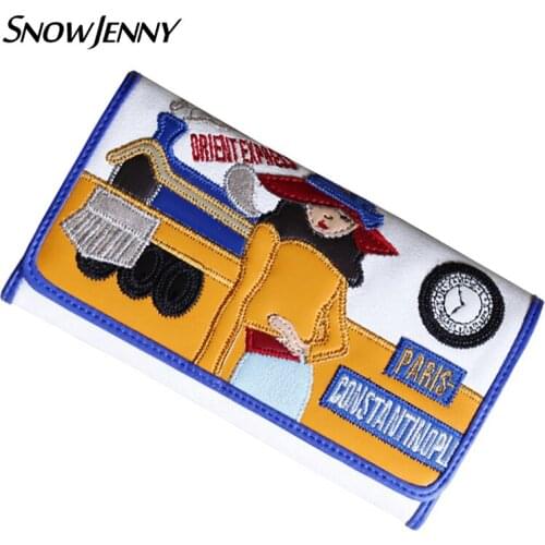 Women Wallets Leather Patchwork Embroidery Clutch Purse Notecase BorsaItaly Handicraft Art Cartoon Train Beauty