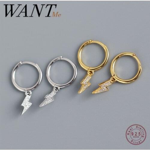 WANTME Genuine 925 Sterling Silver Pendant Lightning Pave Zircon Stud Earrings for Fashion Women Punk Chic Jewelry Accessories