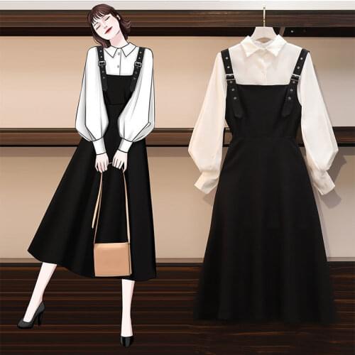 Womens 2021 Autumn New Fashion Shirt + Strap Dress WhiteBlue 2-piece Suit/Sets Retro Female Sets