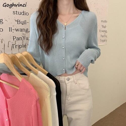 Summer V-neck Candy Colors Cardigans Women Long Sleeve Knitted Cropped Shawl Sweaters Sunscreen Elasticity Outwear Gentle Sweet
