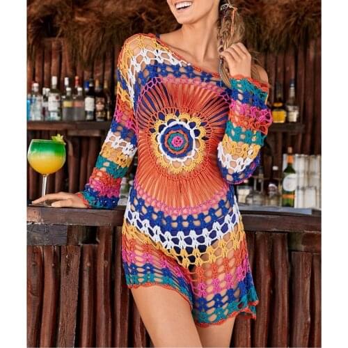 Women Sexy Hollow Crochet Floral Pattern Beach Tunic Patchwork Pareo Ladies Cape Cover Boho chic long sleeve beach rainbow dress