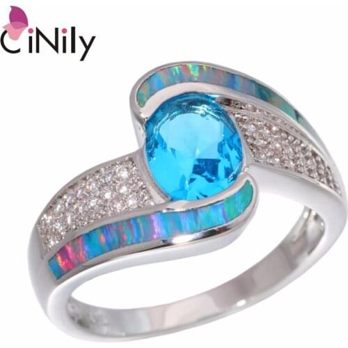 CiNily Created Rainbow Fire Opal Blue Stone Cubic Zirconia Silver Plated Wholesale HOT For Women Jewelry Ring Size 6-9 OJ9257