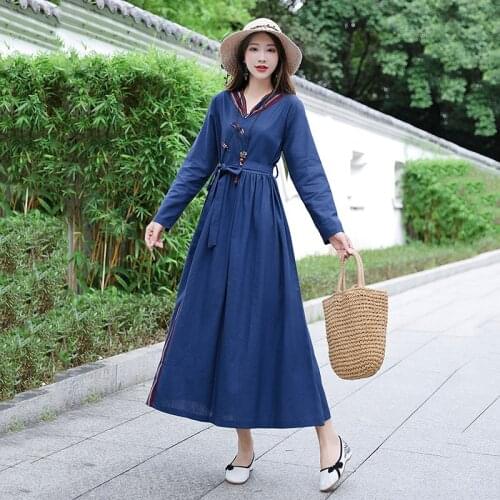 2021 New Arrival Vintage Chinese Style Autumn Dress V-neck Bow Sashes Office Lady Work Dress Women Casual Long Spring Dress
