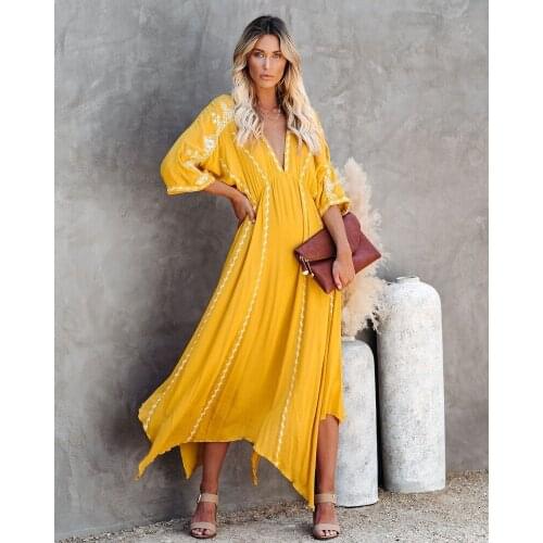 2021 Summer Casual Dress Embroidered Maple Leaf Boho Dress Ladies Sexy V-neck Half Kimono Sleeve Summer Beach Ladies Dress New