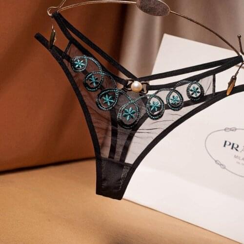 2PCS Sexy Embroidered Mesh Yarn Ladies Thong Transparent Perspective Young Woman Temptation Underwear Fashion T Pants G-String
