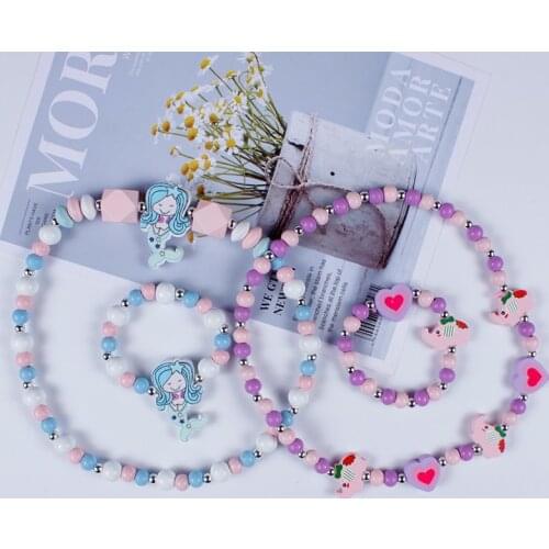 3Pcs/Lot Cute Cartoon Wooden Flower Animal Child Sweater Necklace Bracelet Beads Girls Gifts Children Jewelry Accessories