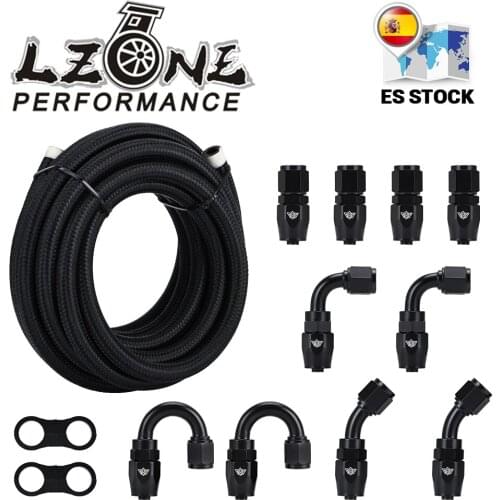 6AN AN6 Oil Fuel Fittings Hose End 0+45+90+180 Degree Oil Adaptor Kit AN6 Braided Oil Fuel Hose Line 5M Black With Clamps