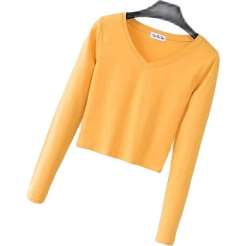 Basic womens long sleeve jacket 2021 spring Korean cotton open navel tight V-neck high waist short shirt