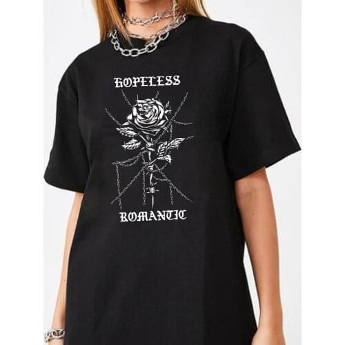 Hopeless Romantic Rose T-Shirt Women Edgy Fashion Gothic Graphic Tees Streetwear Harajuku Loose T Shirt Grunge Aesthetic Clothes