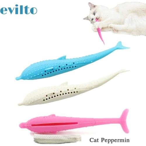 Evilto Soft Cat Toy Silicone Mint Toothbrush Pet Toy Fish Interactive Chew Cats Toys Refillable Catnip Cleaning Teeth Massage