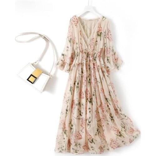 Korean Fashion Summer Dress 2021 100% Silk Dress Floral Elegant Dresses for Women Casual Midi Clothes Vestido De Mujer Pph4109