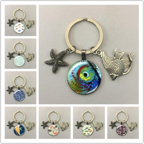 Turtle Starfish Shark Jellyfish Dolphin Keychain Sea Animals Glass Cabochon Rhinestone Pendant Bling Jewelry Women Keyring