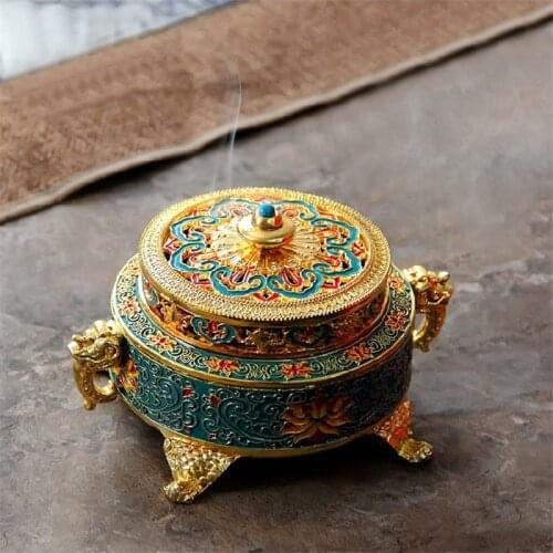 Colored Enamel Lotus Incense Burner 4-Foot Metal Painted Incense Base Tea Ceremony Accessories Sandalwood Coil Censer