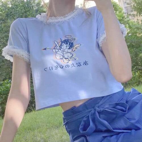 MINGLIUSILI Kawaii T-shirt Women 2021 Fashion Angel Crop Tops Sexy Summer Anime Tee Shirt Japanese Style Lace Woman Tshirts