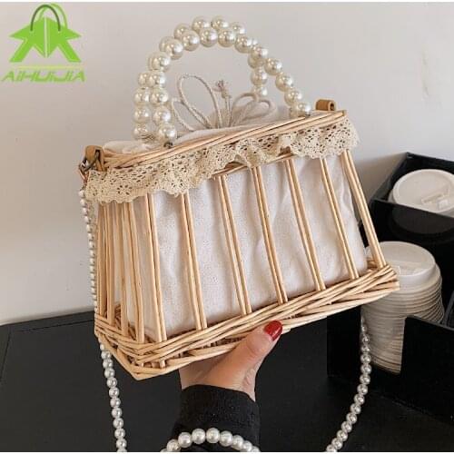 Fashion Beading Chain Ladies Straw Handbag Summer New Bohemian Rattan Bag Women Rattan Weave Travel Beach Shoulder Messenger Bag