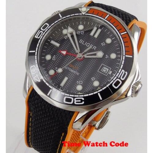 Bliger 41mm Automatic Men‘s Wristwatch Black Dial GMT Date window Luminous hands sapphire glass cerzmic bezel rubber strap