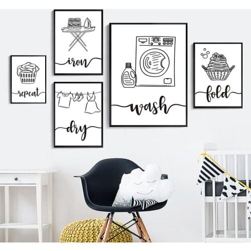 Laundry Room Wall Art Print Black White Picture Bathroom Poster Quote Canvas Painting Nordic Poster Dry Wash Repeat Sign