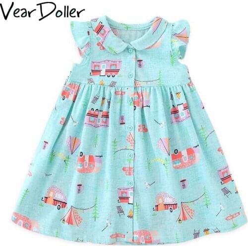 VearDoller Girls Dress Cartoon Car Pattern Kids Dresses for Girls Summer Sleeveless Childrens Clothing Baby Girl Princess Dress