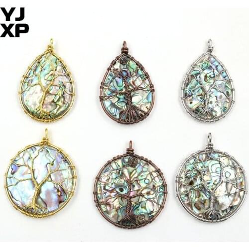 Natural Abalone Shell Pendants Reiki Wire Wrapped Tree of Life Classic Teardrop Oval Pendant for Necklaces Amulet Charms Jewelry