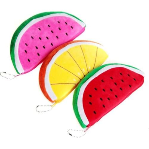 Semicircular Watermelon Soft Plush Pencil Bag with Zipper & Keychain Portable Pencil Stationery Makeup Pouch Storage Case