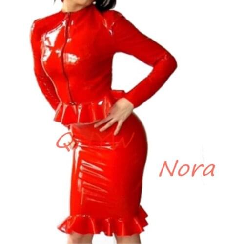 Latex Natural 100% Rubber Sexy Woman Dress Red Ruffle Suit Tops and Mini Dress Unisex Cosplay Bodysuit Customize Size XXS-XXL