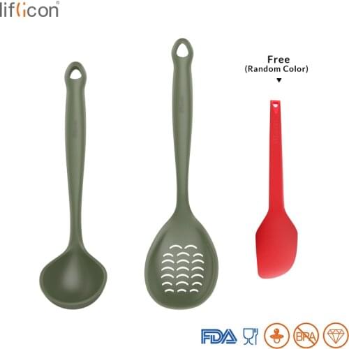 Liflicon Silicone Utensils Ladle Spoon Food Tong Skimmer Overall Hygienic Solid Silicone Coating Long Handle Free Gift Spatula