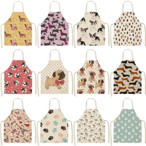 Bulldog Dachshund Printed Kitchen Apron for Woman Sleeveless Cotton Linen Bib 53*65cm Home Cooking Baking Cleaning Tool WQ0037