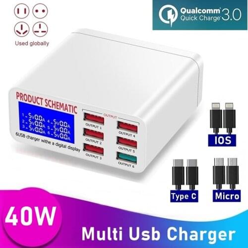 Universal 40W USB Phone Charger QC3.0 Usb 6 Ports Fast Charge Charger Charging Station for Iphone 11 12 Pro Max Xiaomi Tablet