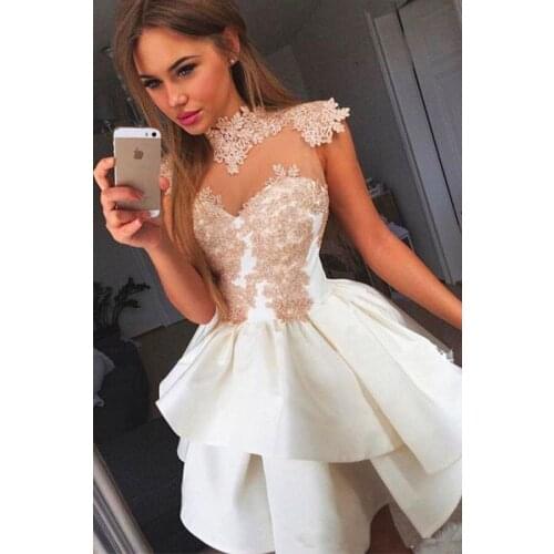 High Neck Appliqued Tiered Short Cap Sleeve Evening Formal party Gown lace prom dresses 2019 vestidos de gala jurken prom dress
