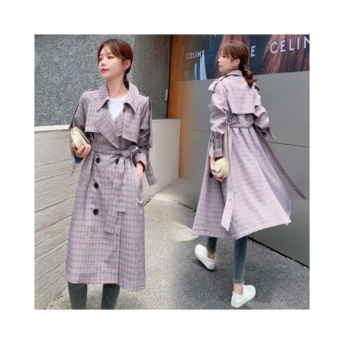Autumn Fashion Women Middle Long Plaid Windbreaker Loose Sobretudo Feminino Chamarras De Mujer Long Coat Trench Coat Femme