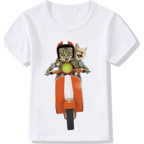 Real 3D Cat Ride Motorcycle Funny Children T-shirt Kids Casual Clothes Boys Girls Summer Fashion Tops T shirt