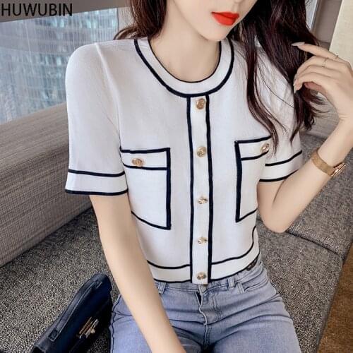 Small Fragrance Top Womens Summer Short Sleeve T-Shirt Unique Design Sense 2021 New Short Round Neck Fashion Ice Silk Cardigan