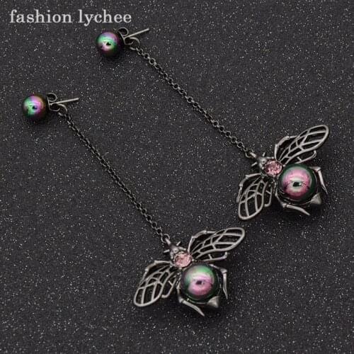 Fashion lychee Vintage Black Crystals Insect Bee Spider Long Dangle Earrings Metal Chain Drop Earrings Women Jewelry