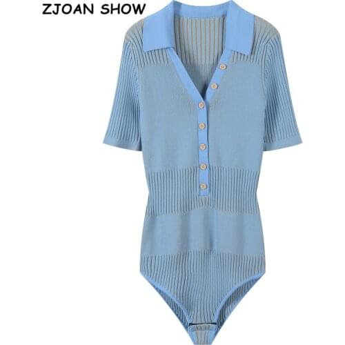 90S Vintage Knitting Contrast color Open Buttons Lapel Short sleeve Bodysuit Woman Short Jumpsuit Slim fit Rompers Playsuits