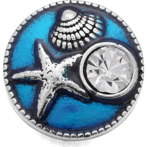 10pcs/lot Blue 18MM Snap Button Jewelry Crystal Starfish Seashells Snap Buttons Fit Snap Bracelet Bangle for Women Accessory