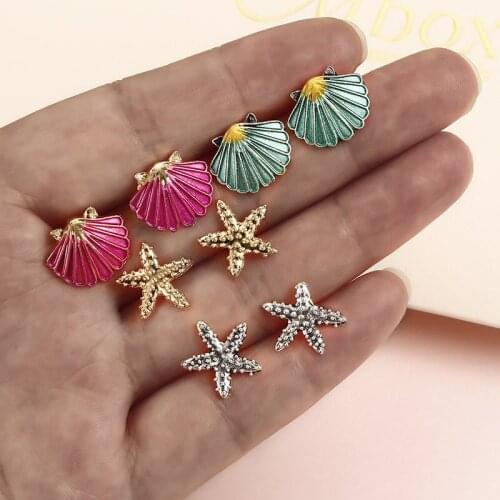 4 pairs/lot Fashion Vintage Gold Golor Earrings Set Shell Summer Holiday Sea Beach Starfish Female Red Stud Earrings for Women
