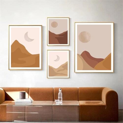 Abstract Sun Moon Wall Art Poster Mountain Landscape Art Print Middle Century Boho Canvas Painting Modern Pictures Home Decor