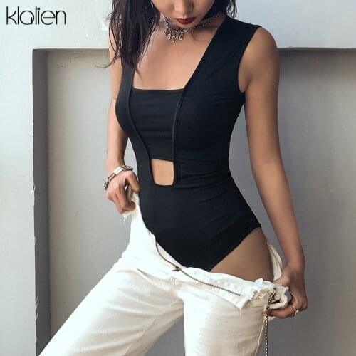 KLALIEN black sexy skinny female bodysuits 2020 summer fashion beach casual vacation hollw out sleeveless low cut bodysuit lady