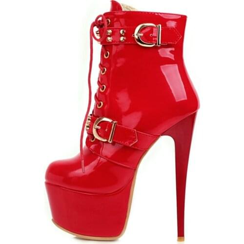Ankle Boots Women Platform Sexy 16cm High Heels Short Boots Red White Patent Leather Lace Up Fetish Shoes Woman Large Size 48
