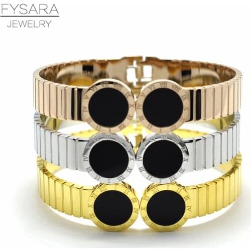 FYSARA Luxury Brand Width Belt Bangles Round Black Cuff Bracelets Jewelry Stainless Steel Roman Numeral Cuff Bracelets Men Women