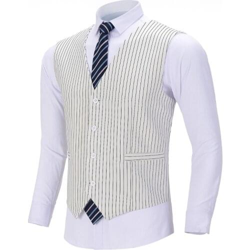Formal Mens Business Stripe Cotton Vest Boutique Slim Fit Suit Vest Ivory Single-breasted Waistcoat For Wedding Groomsmen