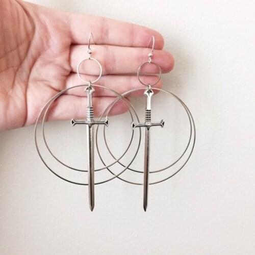 Excalibur Double Hoop Earrings Drop Classical Occult Dark Gothic Punk Jewelry Statement Women Fashion Gift Classics Exaggerate