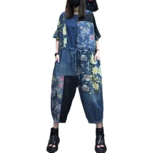 Patchwork Denim Jumpsuit Women Short sleeve O-neck Wide Leg Jean Overalls Baggy Europe Spliced Streetwear cowboy Trousers