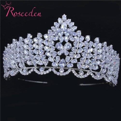 Elegant 3A CZ Cubic Zirconia Royal Wedding Silver Color Tiara Crown Bridal Womens Party Hair Accessories RE3695