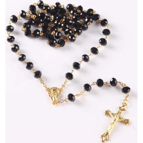 Goth Black Beaded Christian Necklace Rosary Style Beaded Cross Necklace