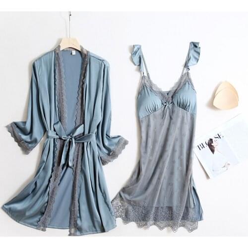 Summer Satin Lace Robe Gown Sets New Womens 2PCS Nighty Bathrobe Strap Nightdress Home Wear Kimono Sleep Nightgown Sleepwear