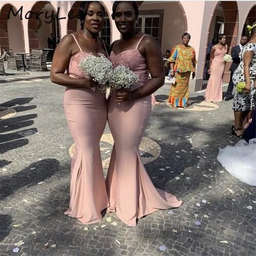 Lace Bridesmaid Dresses Pink Colro African Spaghetti Floor Length Sweep Train Silk Satin Lace Wedding Party Bridemaid Dresses