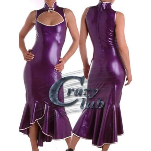 Latex Erotic Girls Latex Long Dresses Sexy Women Purple latex dress sleeveless Customized Dress Fetish Fast Delivery