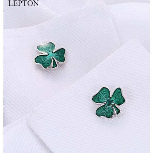 LEPTON Clover Cufflinks Classic Green Shamrock CuffLink For Mens Formal Fathers Day Lover Friends Wedding Anniversaries Gifts