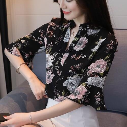 Fashion women blouses 2021 plus size print chiffon blouse shirt v collar office blouse short sleeve summer women shirts 2889 50
